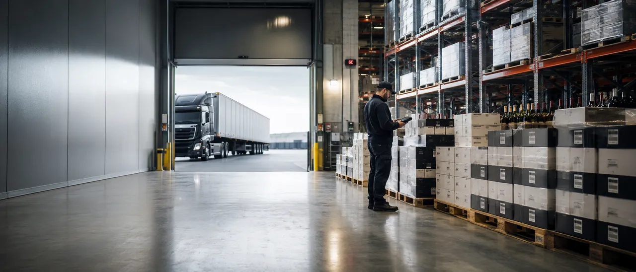 Loading dock with shipping truck and warehouse worker