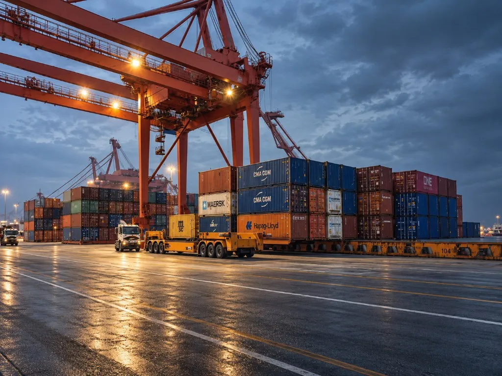 Container cranes and stacked shipping containers at a terminal at dusk