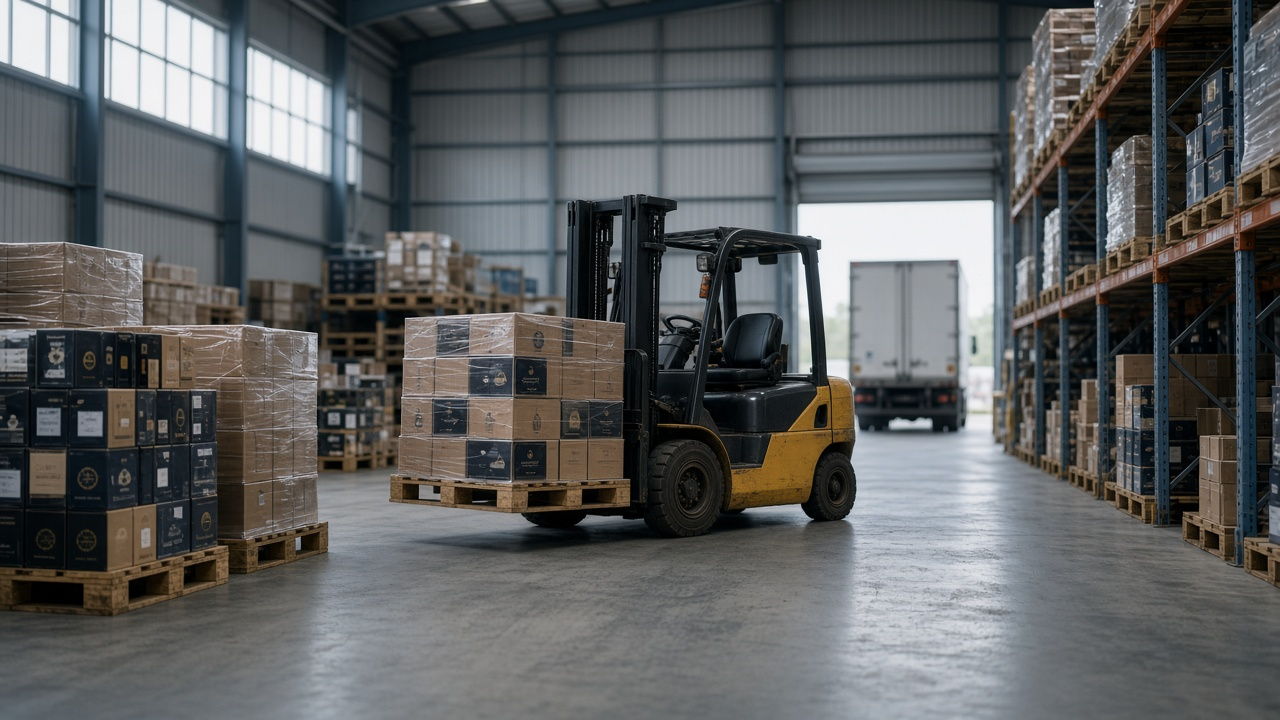 Forklift carrying a pallet of wrapped beverage cases across a warehouse floor, with stocked racking on the right and a truck at the open dock door
