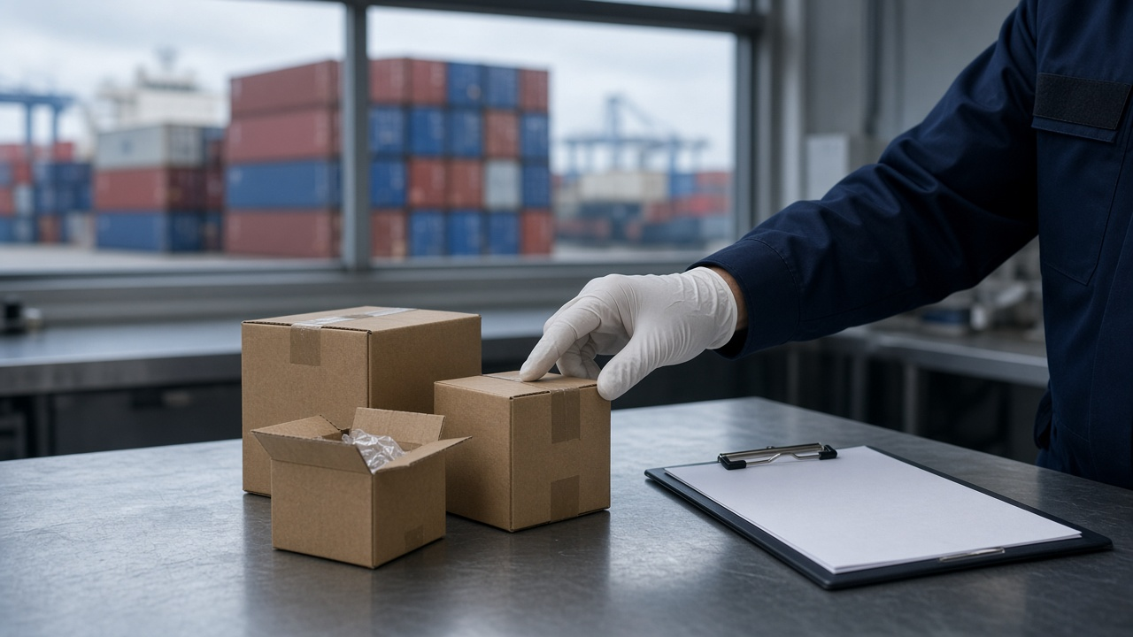 Gloved hand inspecting small cardboard parcels beside a clipboard on a steel table, with stacked shipping containers visible through the window