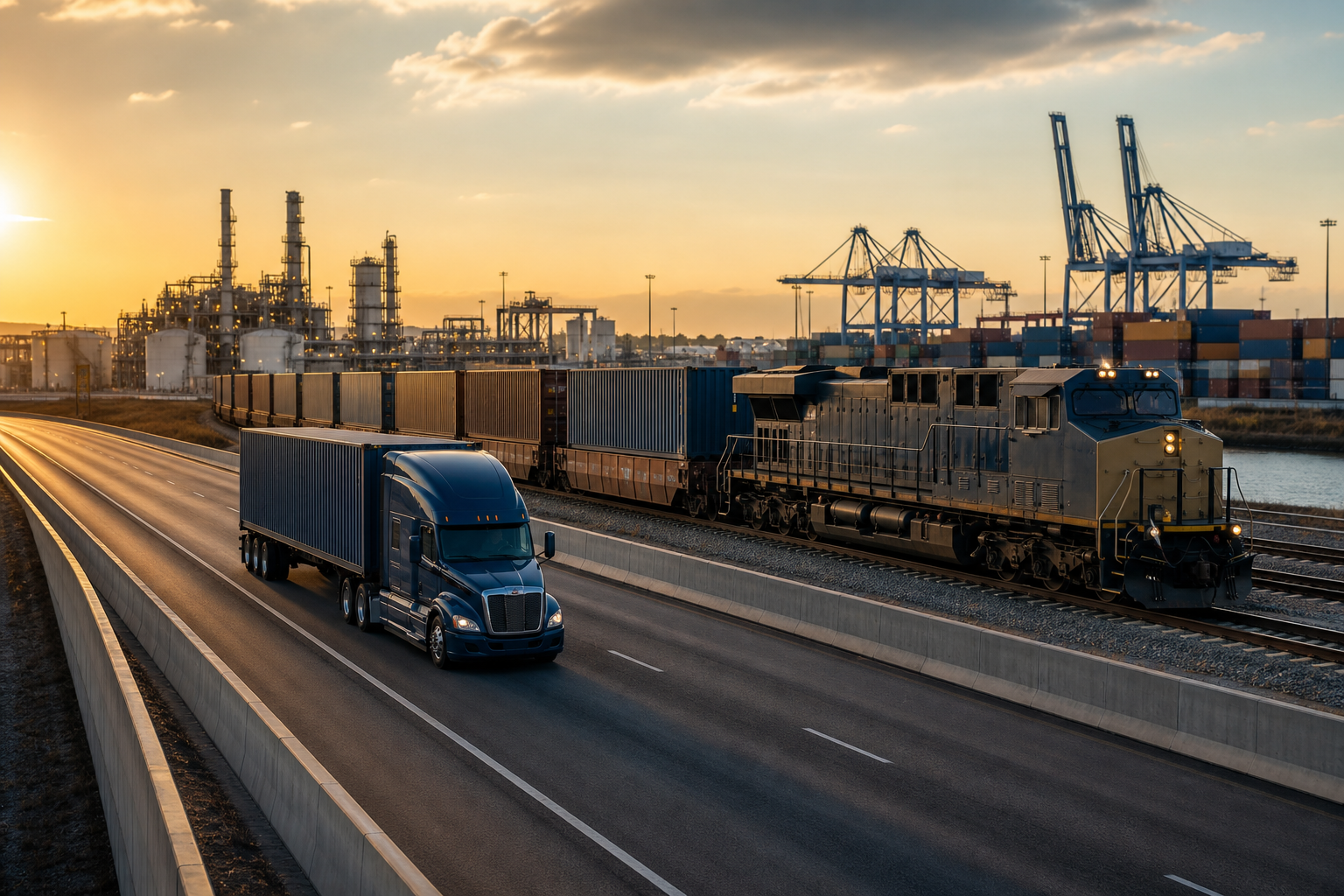 Semi-truck and intermodal freight train moving alongside a container terminal