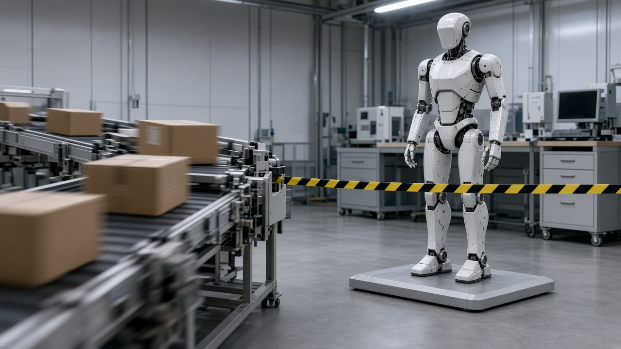 Idle humanoid warehouse robot on a charging pad behind caution tape while a conveyor moves cartons