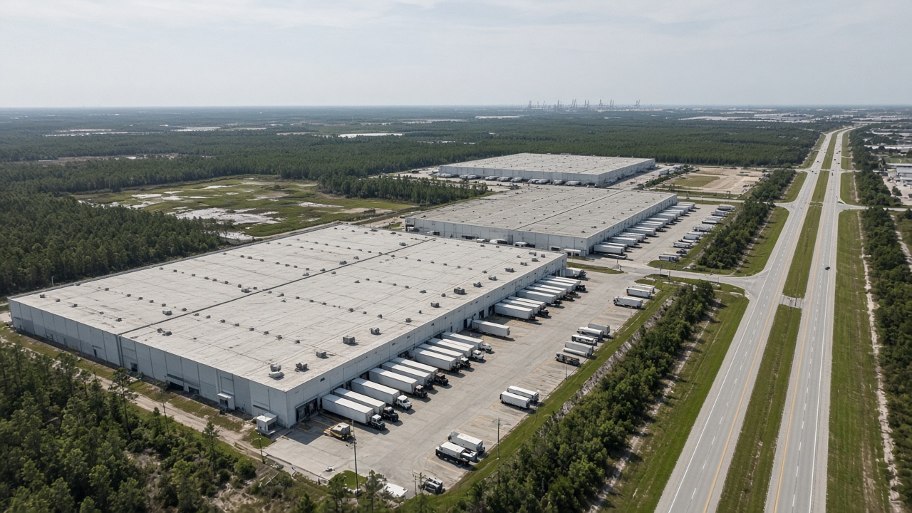 Aerial view of a large North Florida warehouse campus beside a highway, with trailers at the docks