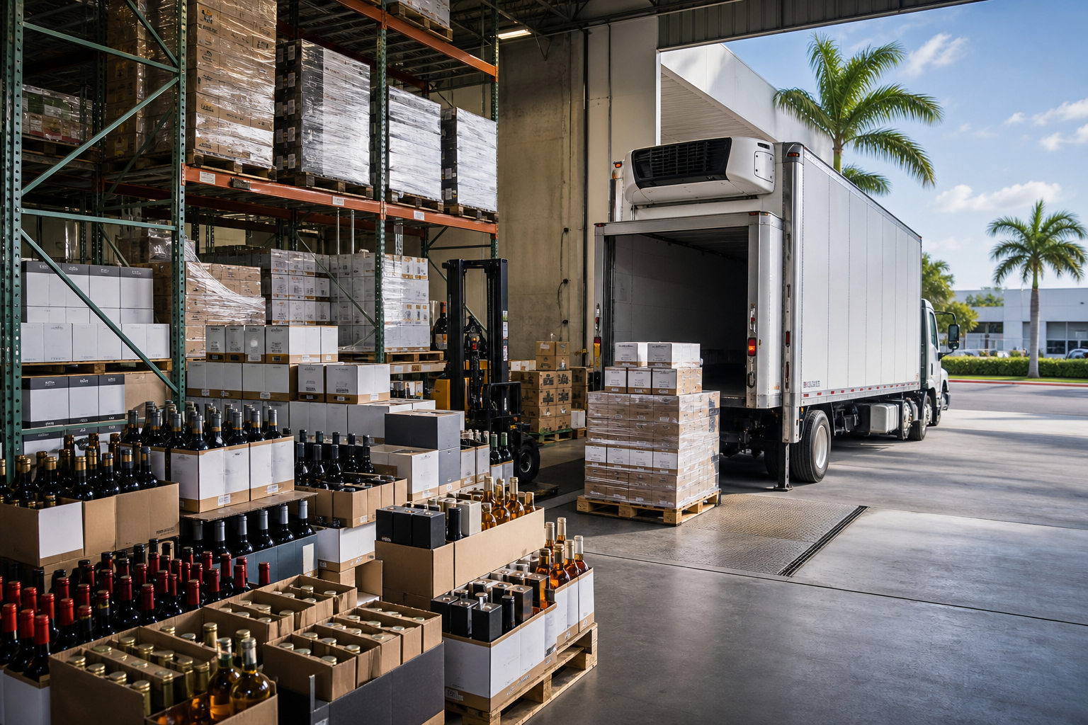 Modern beverage warehouse with cases, pallet racking, and a refrigerated truck at the loading dock