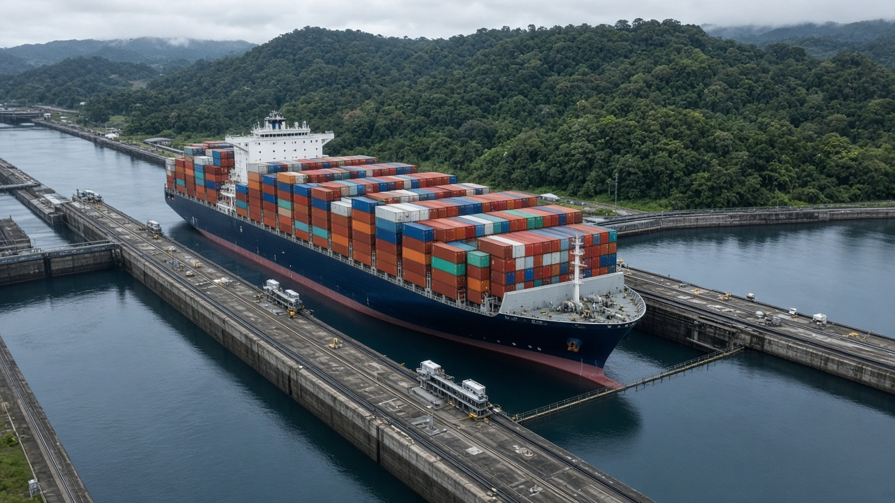 Fully loaded container ship inside a Panama Canal lock chamber, with forested hills behind