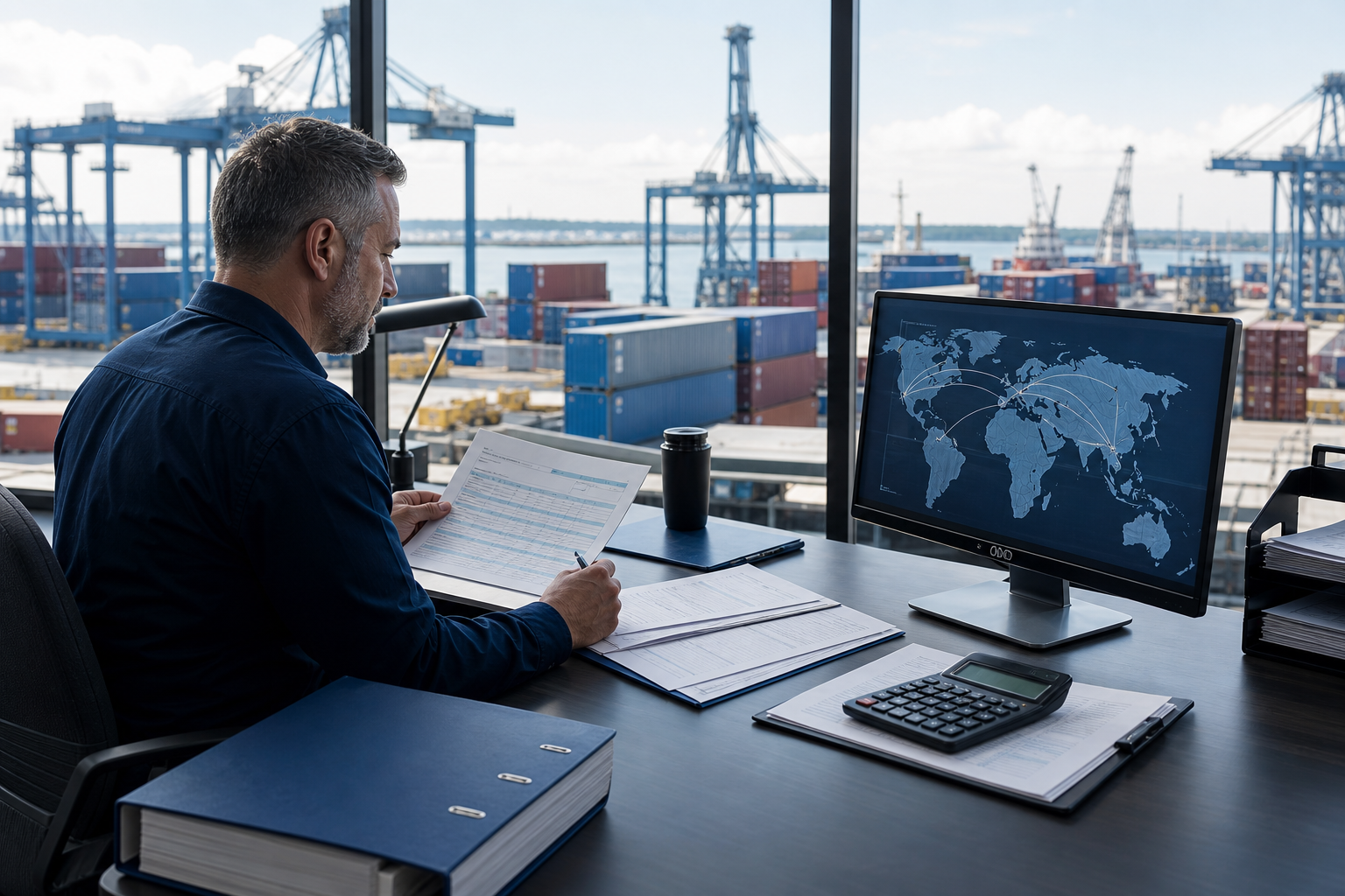 Customs specialist reviewing tariff paperwork overlooking a container port