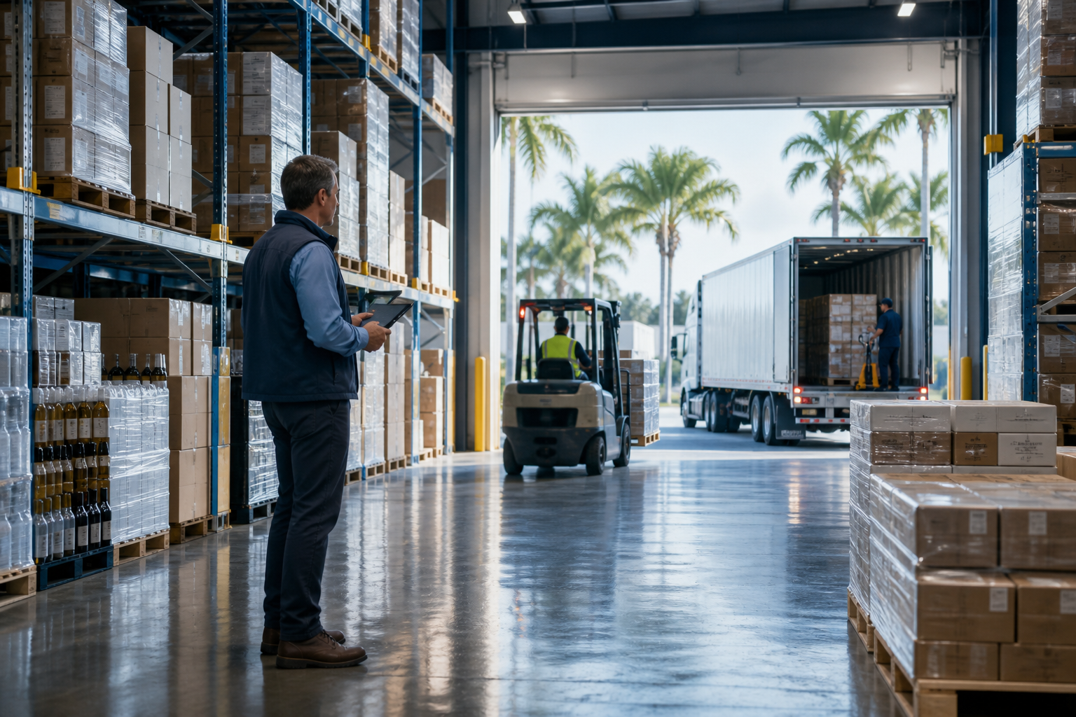 Logistics manager coordinating a forklift and outbound truck inside a beverage warehouse