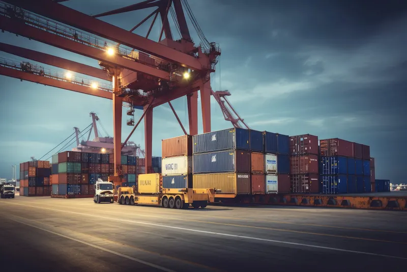 Shipping containers stacked at a port