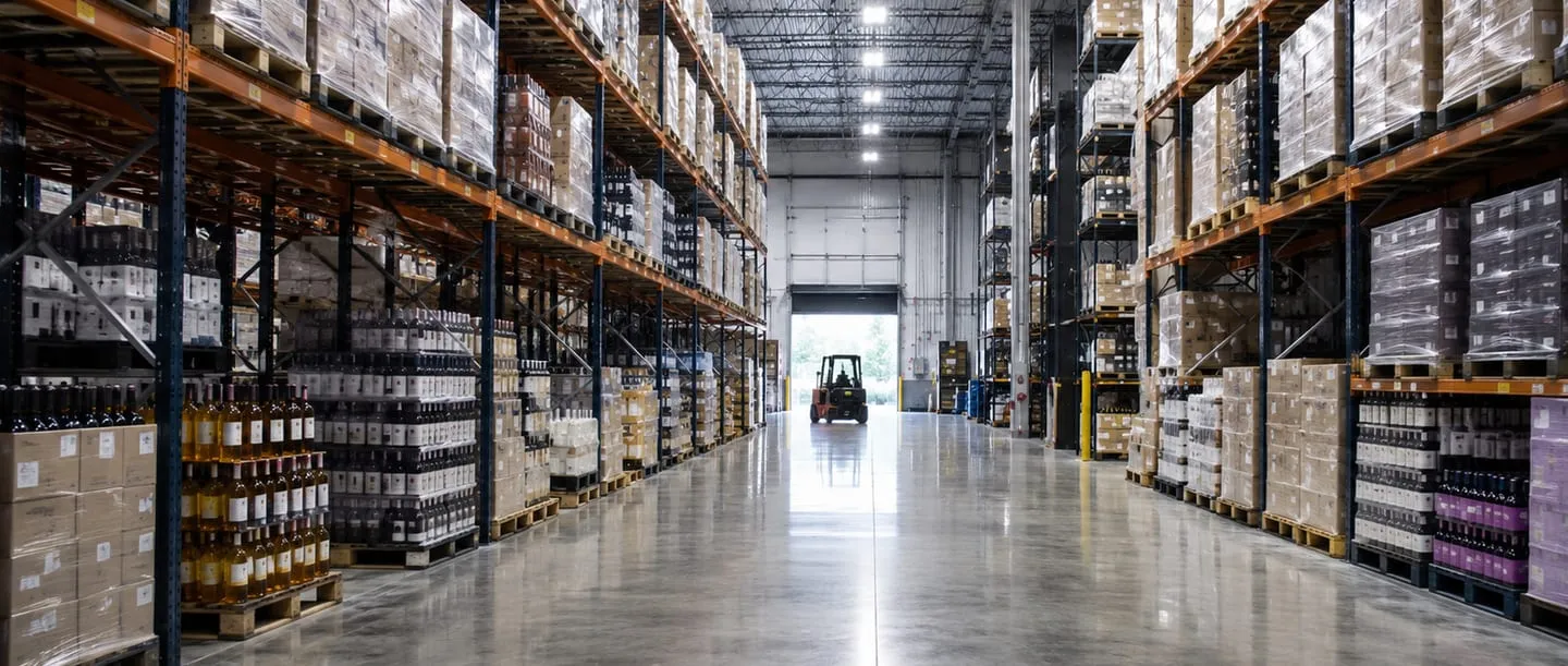 Inside an Aldenbridge warehouse with tall stocked racking